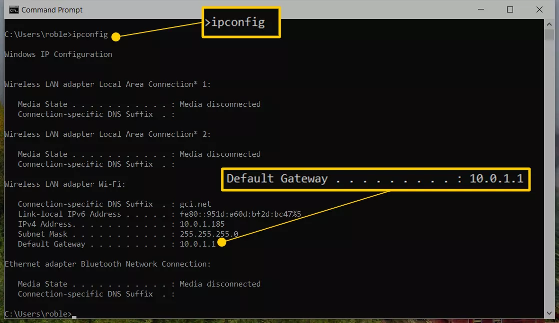 Ipconfig command in Command Prompt, with Default Gateway result