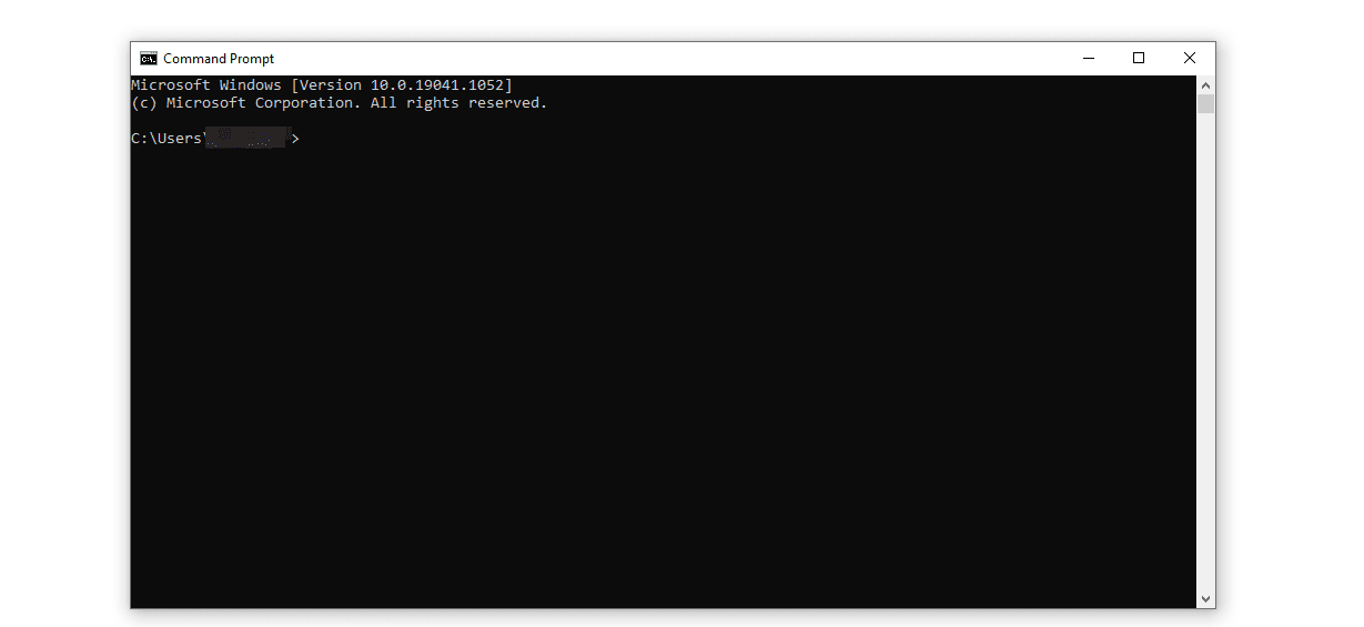 The command prompt in Windows without any entered prompts.