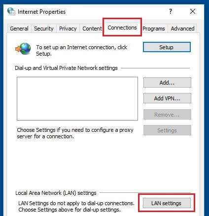 Menu item “Connections” in Windows 10 Internet Properties