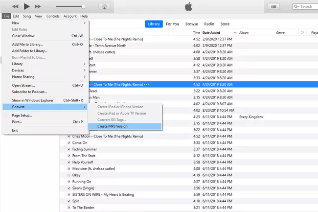 Create MP3 Version option highlighted in iTunes Convert menu