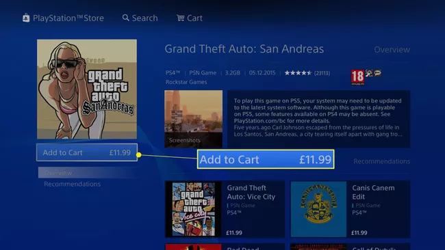 PlayStation Store with Add to Cart highlighted