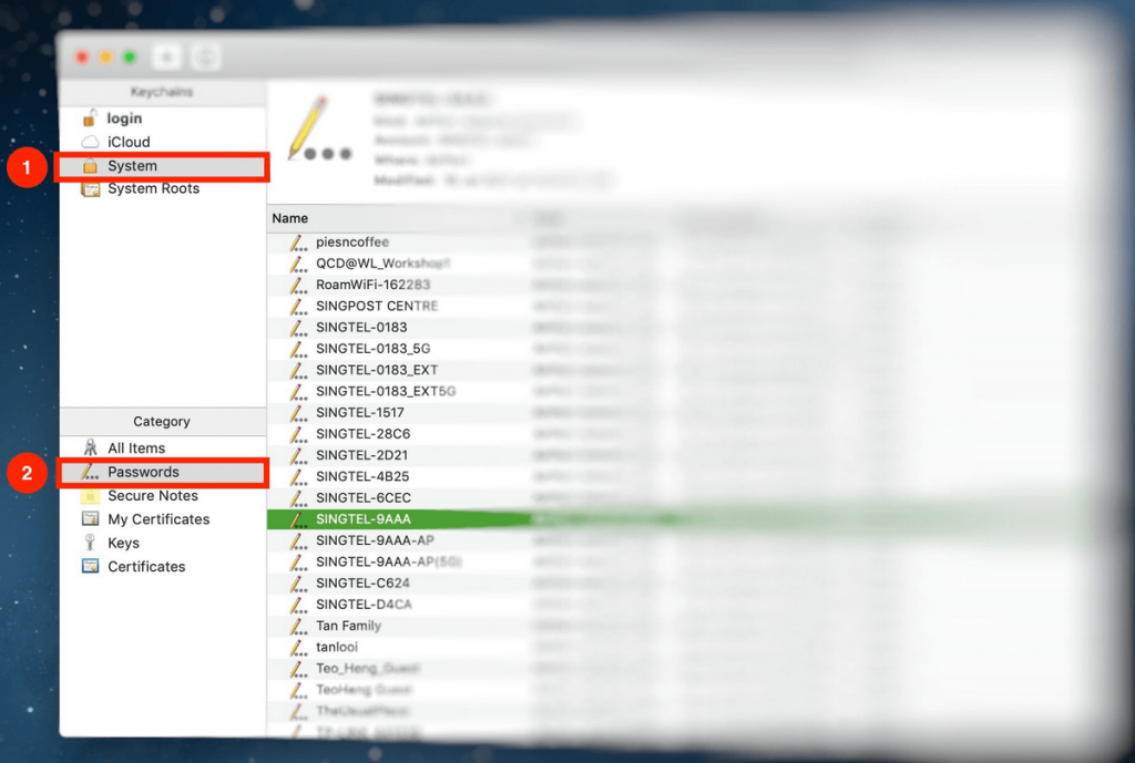 A screenshot of the Keychain Access application on a Mac, which can be used to view and manage saved Wi-Fi passwords.