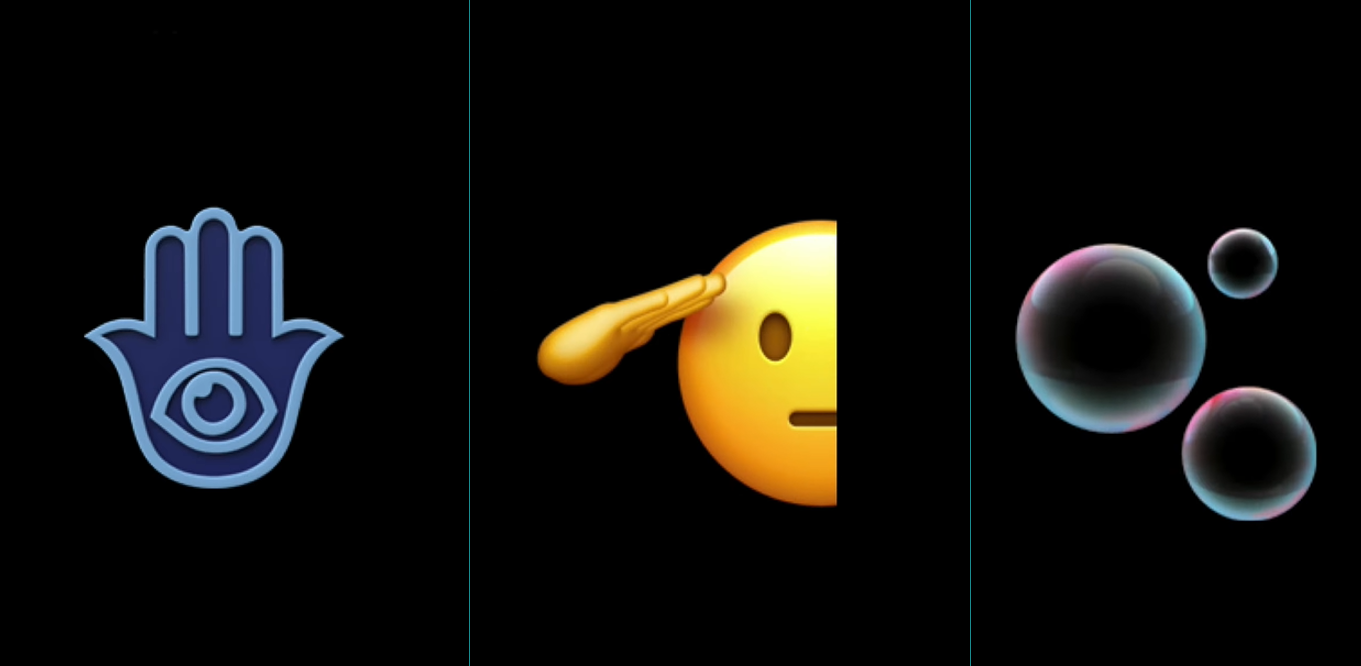 A blue hamsa emoji showing a hand with an eye on the palm, a saluting half face emoji, and bubbles emoji