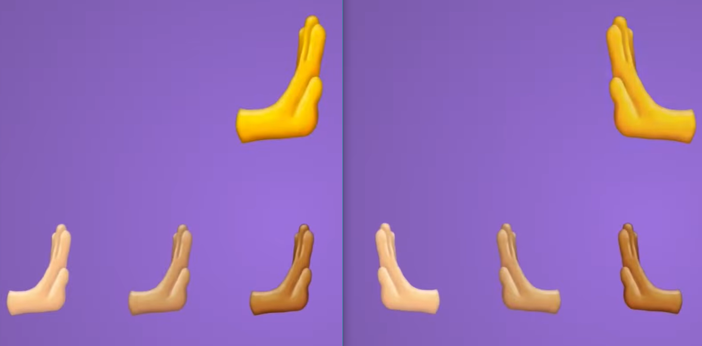 Rightwards pushing hand emojis and leftwards pushing hand emojis in four skin colors