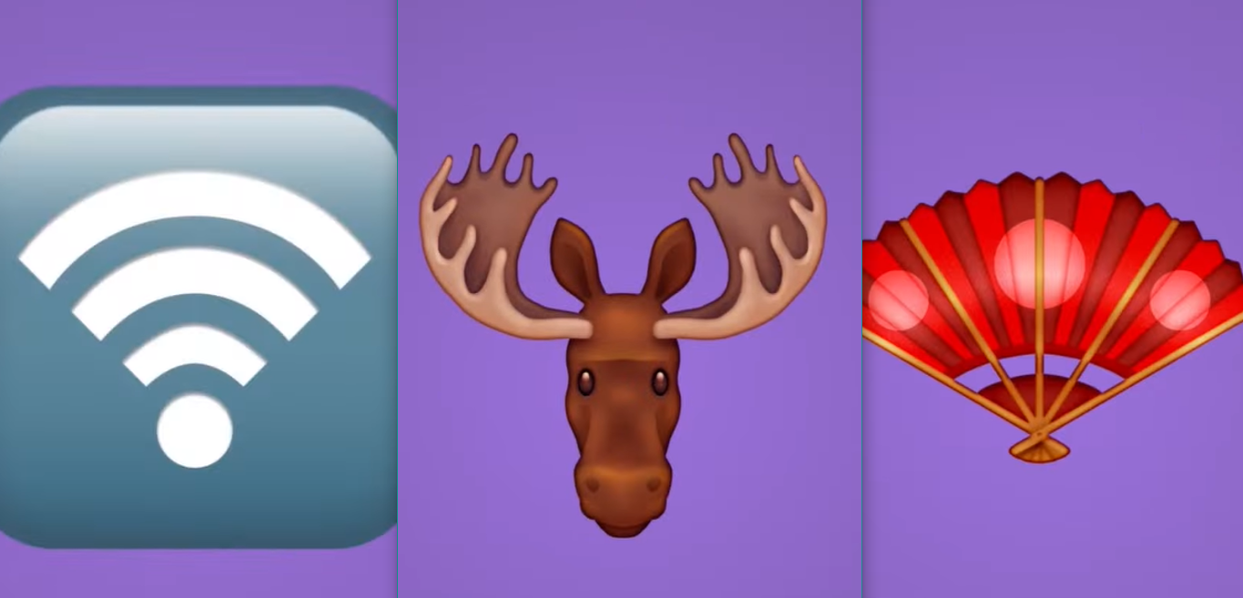 Wireless emoji in white outline and blue green background, moose head emoji, red folding hand fan emoji