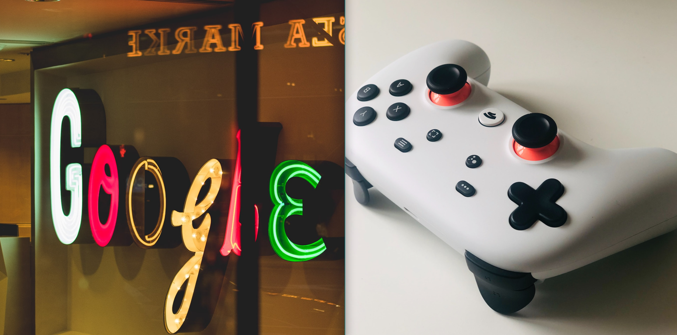 ‘Google‘ word in neon lights; Google Stadia gaming controller with handles pointing on the upper left side