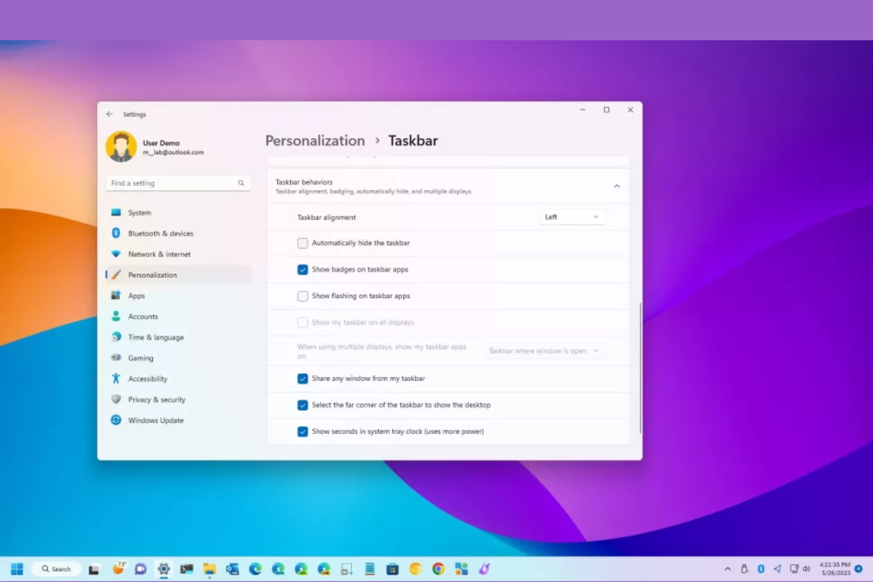 PC screen settings on a personalization