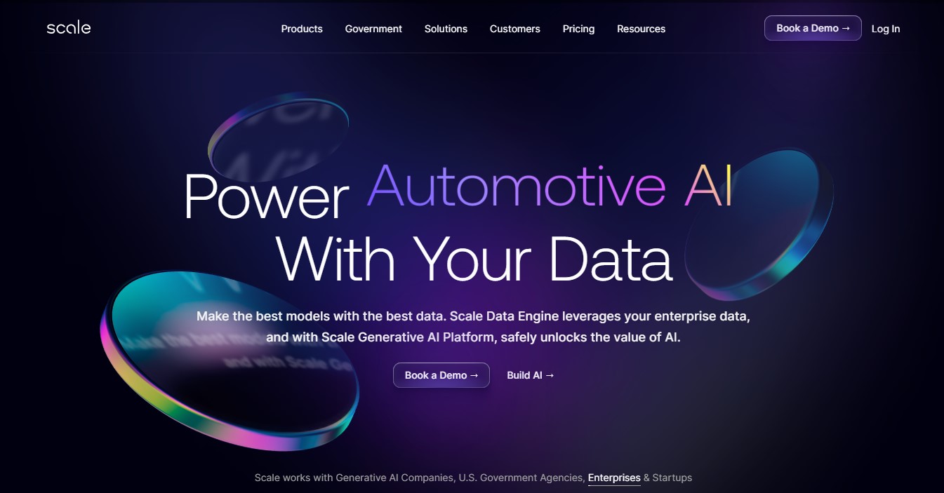 The homepage of Scale AI, with a violet background in varying shades and three slanted coin-like circles