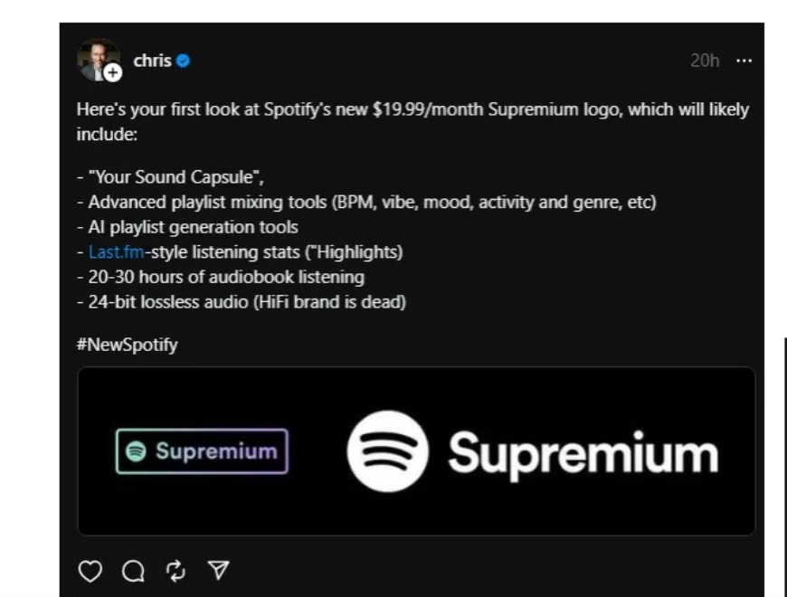 Chris Messina's post on Threads about Spotify's Supremium tier