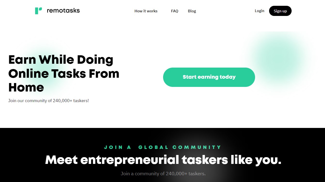 The homepage of Remotasks, with white background and text in black, white and blue-green