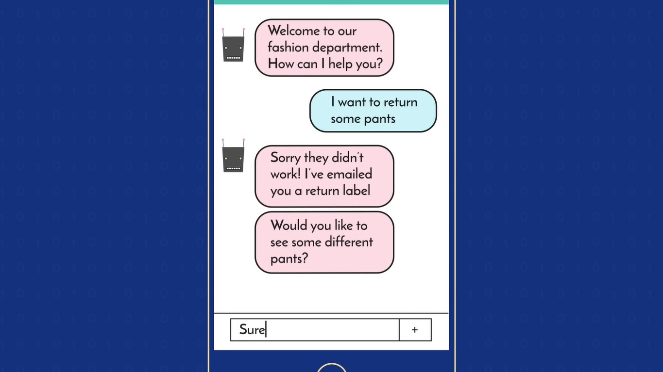 An illustration of a sample chatbot conversation between a fashion department and a customer about pants